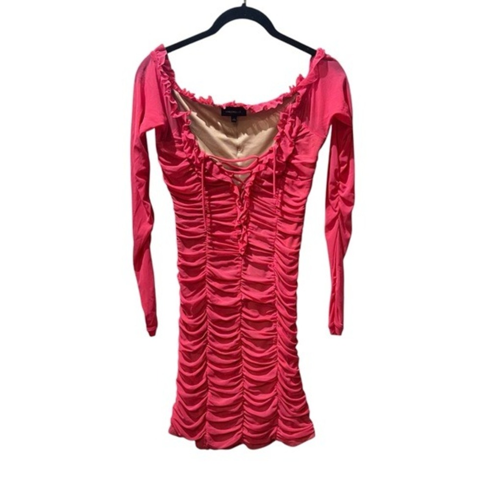 Majorelle Hot Pink Ruched Mesh Mini Dress Long Sleeve Lace‎ Up Ruffle Small